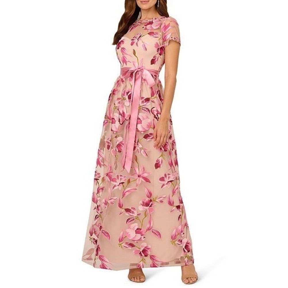 Adrianna Papell Pink Floral Embroidered Maxi Dress with Waist Sash